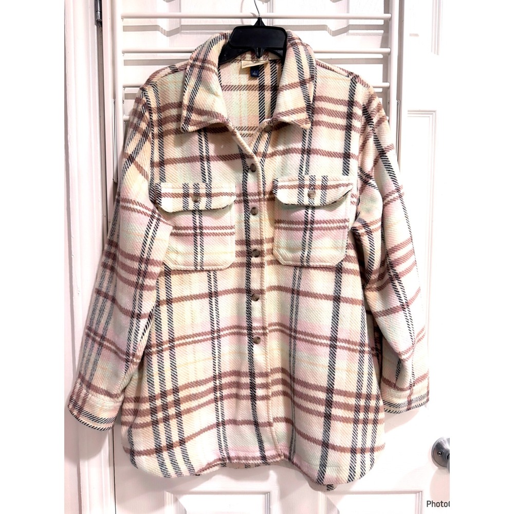 Universal Thread Cream Pink Plaid Button Shacket Wool Blend Cabincore Gorpcore L